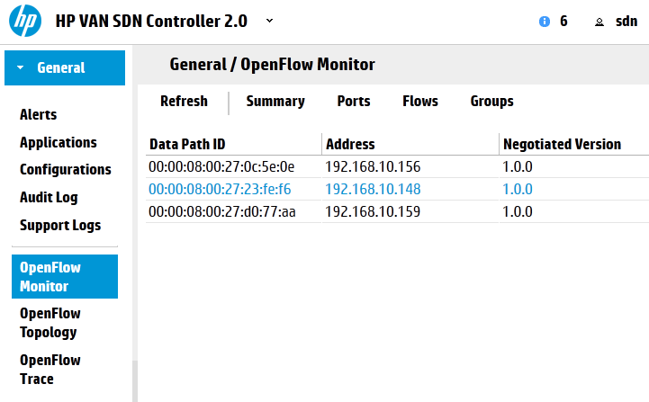 HP SDN Controller view on three switches