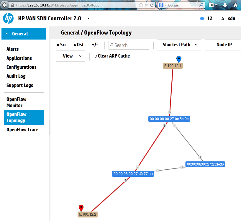 HP SDN Controller visualizing the path between two nodes in our lab topology