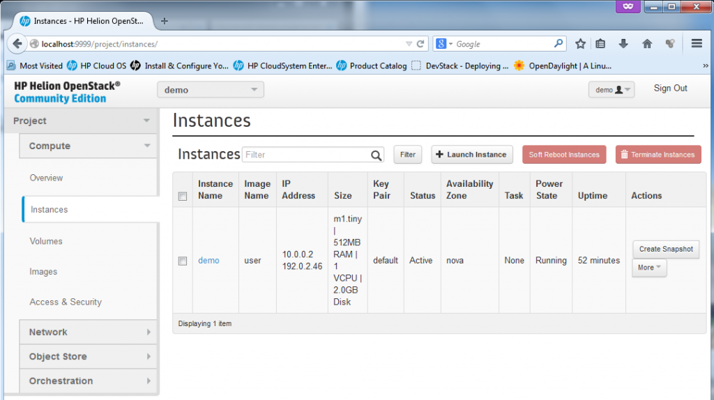 Existing virtual machines or "instances", by default the HP Helion comes with the "demo" VM created. 