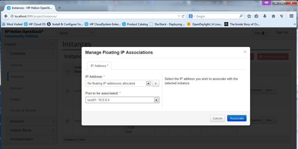 Creating new Instance, part 6 - floating IP dialog