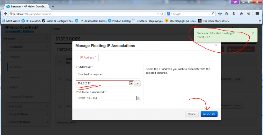 Creating new Instance, part 6 - Floating IP allocated, just hit "Associate"