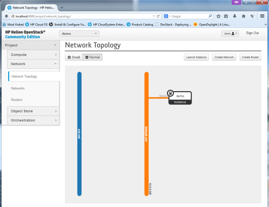 Basic HP Helion network topology (the router with 10.0.0.1 connecting ext-net and default-net is missing as a bug)