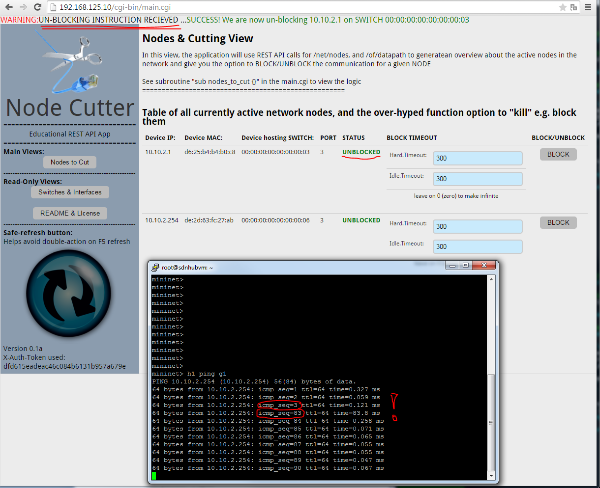Node Cutter - v0.1 Nodes to Cut view, unblocking node H1 success message and ping recovery after several sequence numbers blocked