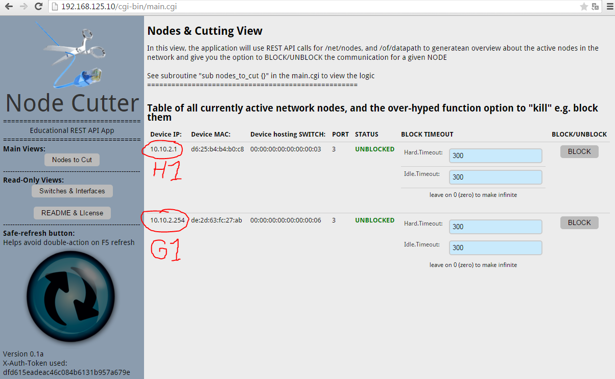 Node Cutter - v0.1 Nodes to Cut view, showing two detected nodes H1 and G1. 