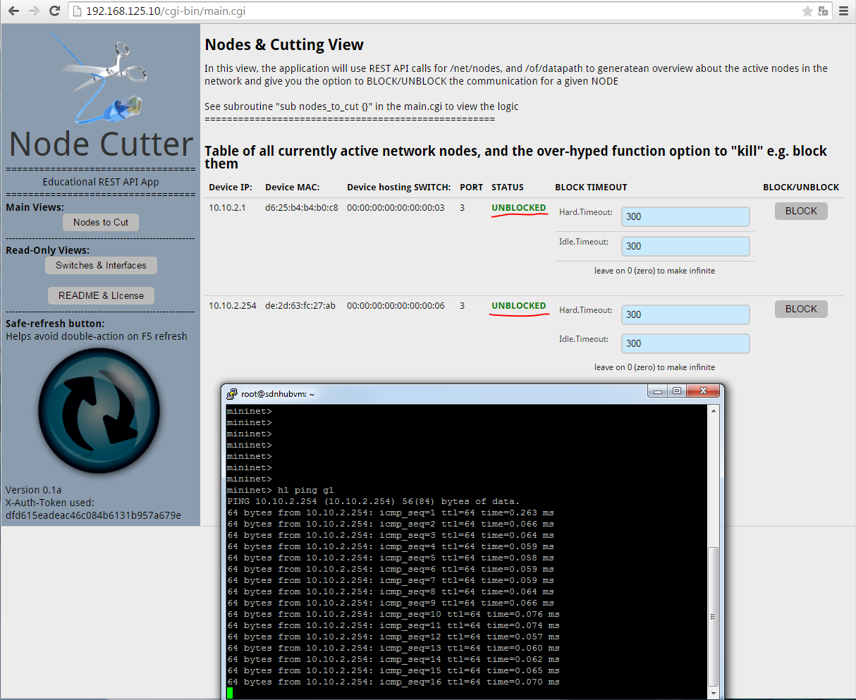 Node Cutter - v0.1 Nodes to Cut view, ping running between H1 and G1