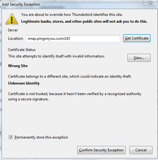 Thunderbird self-signed certificate warning