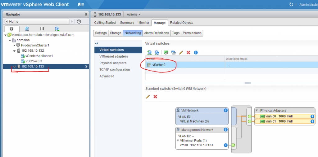 ESXi host starting point with default vswitch0 connected to all physical adapters