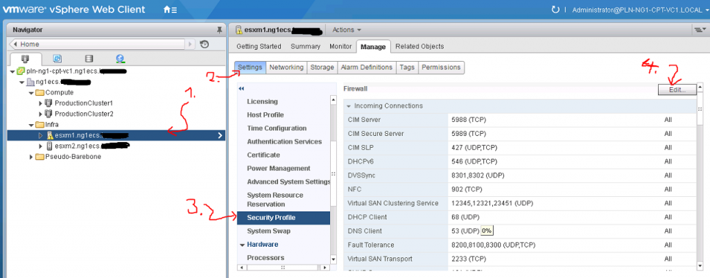 Locate ESX Host in vCenter and open its security profile
